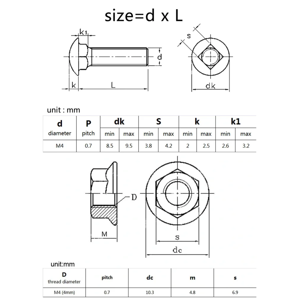 Boulon Collet Carré M4 14mm